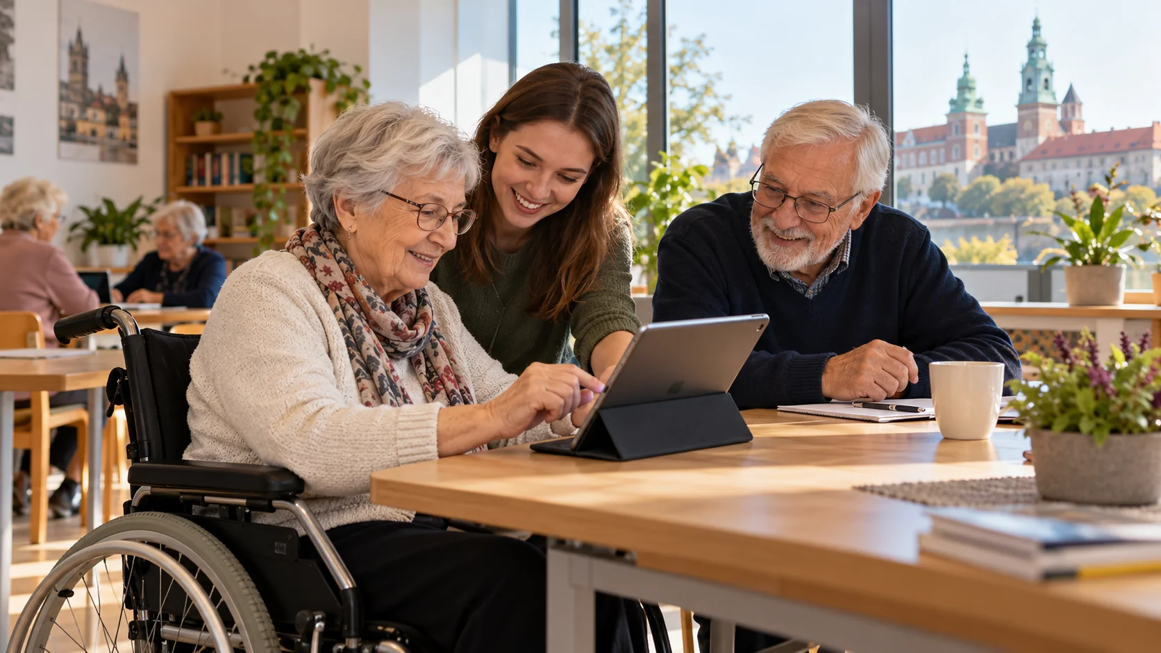 Seniorka poruszająca się na wózku korzysta z tabletu podczas wspólnej nauki — ilustracja wygenerowana AI.