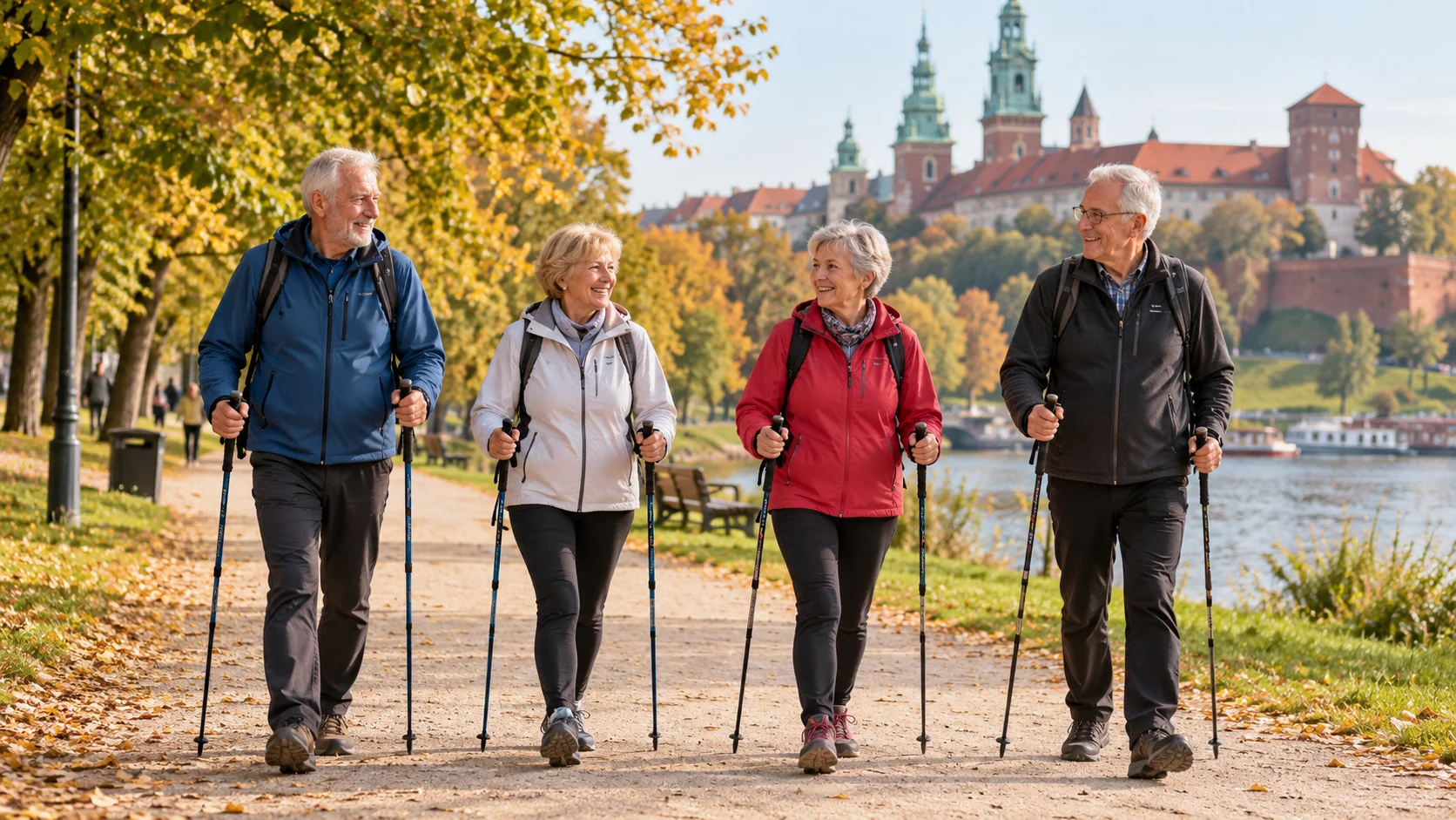 Grupa seniorów podczas nordic walking w parku — ilustracja wygenerowana AI.