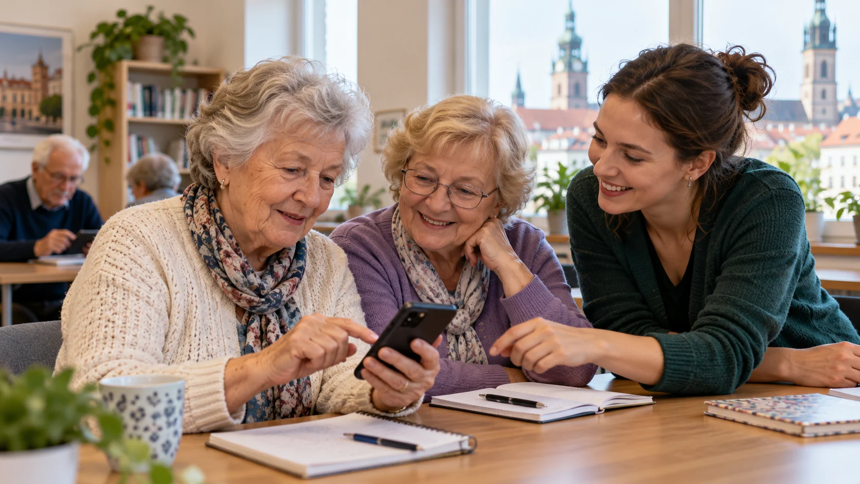 Dwie seniorki uczą się obsługi smartfona z pomocą prowadzącej — ilustracja wygenerowana AI.